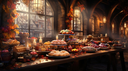 Autumn still life with sweets, candies, fruits and candlesの素材