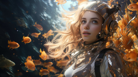 Portrait of a beautiful girl with long hair in an astronaut's helmet.の素材