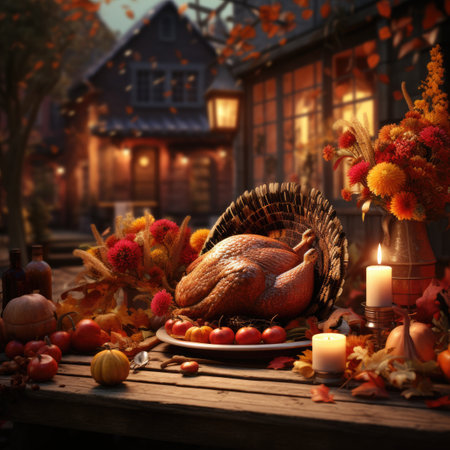 Thanksgiving dinner with roasted turkey, pumpkins and autumn leaves.の素材