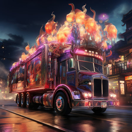 Illustration of a fire truck on the street at night with flames and smokeの素材