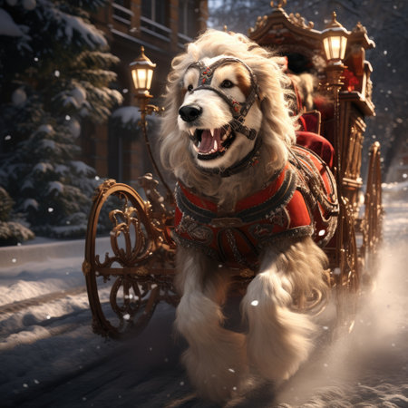 Golden retriever dog in the sleigh on the background of a winter cityの素材
