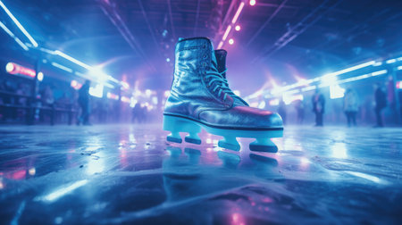 Ice skating on ice rink in night club with neon lights. Copy space.の素材