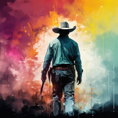 Digital painting of a cowboy with a gun in his hand against a colorful background.の素材