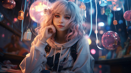 Beautiful blonde girl with a garland of Christmas lights on the background.の素材