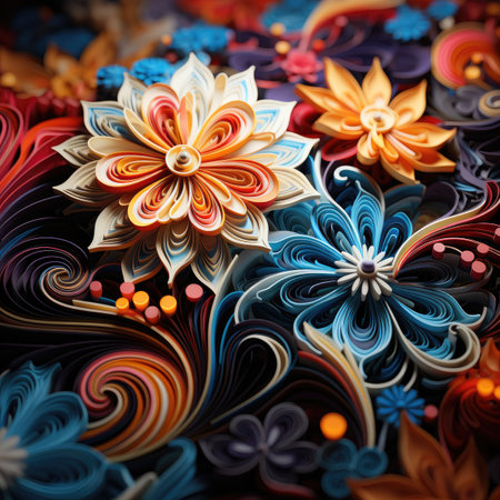 colorful flower pattern on black background, abstract floral background, close upの素材