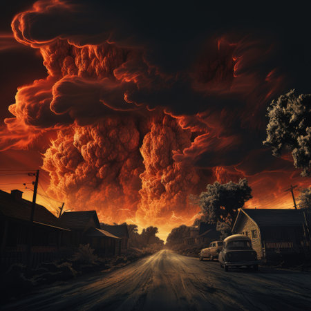 Flaming cloud over a rural road.の素材