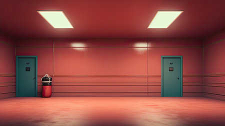 Interior of a red room with a red wall and a doorの素材