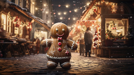 Gingerbread man in front of Christmas market in cityの素材