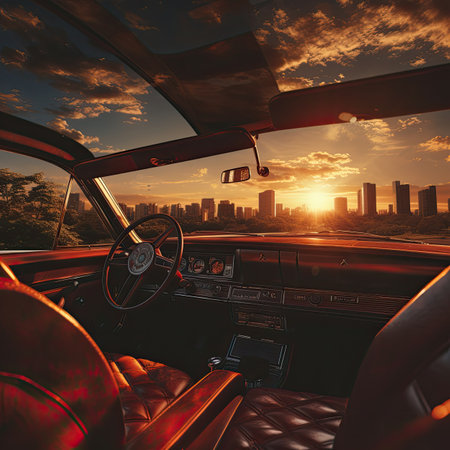 Interior of a modern car at sunset.の素材