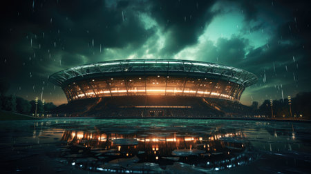a stadium in the rain at night with reflectionの素材