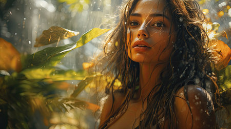 Portrait of a beautiful young brunette woman with wet hair in the rain.の素材