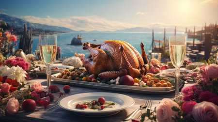 Festive table setting with roasted turkey and wine on the backgroundの素材