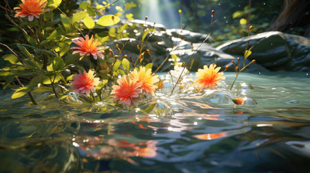 Flowers reflected in water. Colorful flowers in the pond.の素材