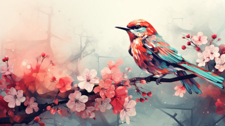 Watercolor painting of a bird sitting on a branch of a blossoming sakuraの素材
