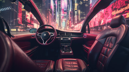 Interior of a modern car in the night city.の素材