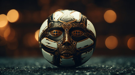 Close-up of a golden mask on a shiny background with bokehの素材