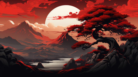 Fantasy landscape with mountain and bonsai.の素材