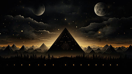 Night landscape with mountains and the temple in the sky.の素材