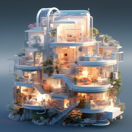 a house with a lot of plants on the roofの素材