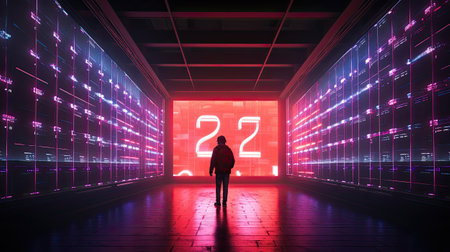 Woman in futuristic corridor with glowing numbers. Future concept.の素材