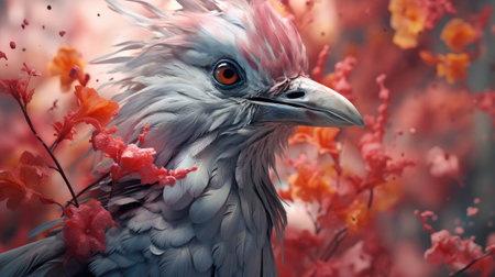 Portrait of a bird with flowers in the background.の素材