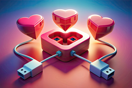 love concept with heart shape and power cord over colorful backgroundの素材