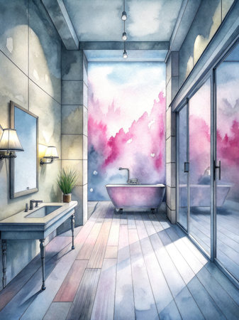 Watercolor Bathroom interior with bathtub and mirror.の素材