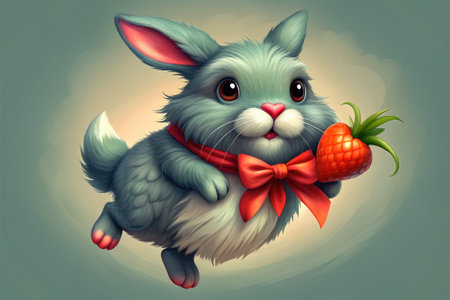 a cute rabbit with a red bow and a strawberryの素材