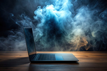 Laptop on wooden table with smoke in dark room.の素材