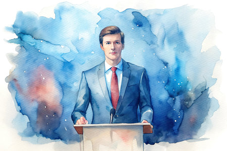 Watercolor portrait of a businessman in a suit speaking at a podiumの素材