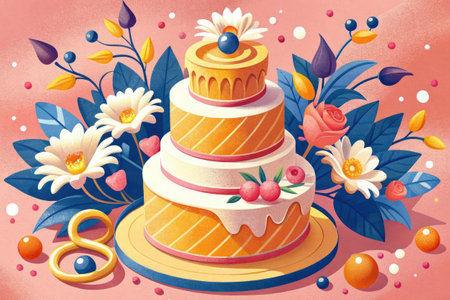 Vector illustration of a three-tiered birthday cake with flowers and berriesの素材