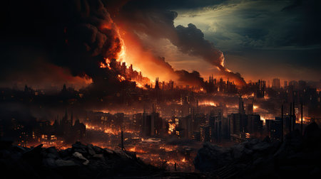 Big city destroyed by fire. Disaster concept.の素材