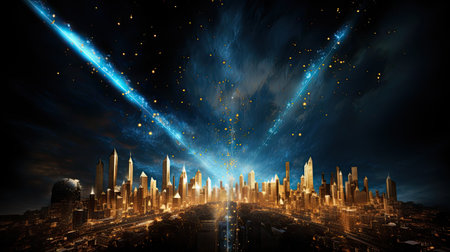 Modern city at night with stars and fireworks.の素材