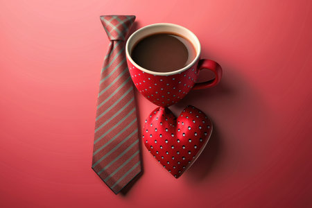 Cup of coffee with red heart and necktie on red backgroundの素材