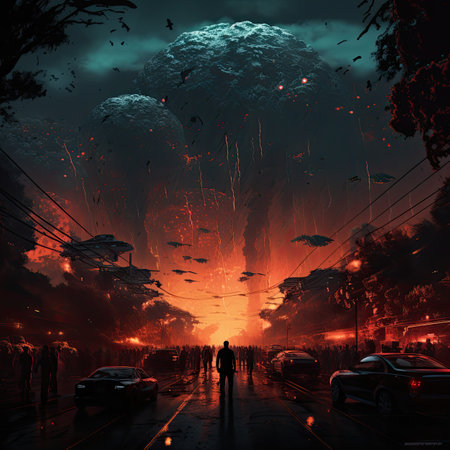 a tornado in the city at night with people silhouettesの素材