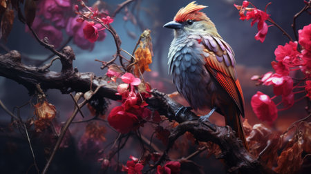 Red-crested cardinal bird sitting on a branch with flowersの素材