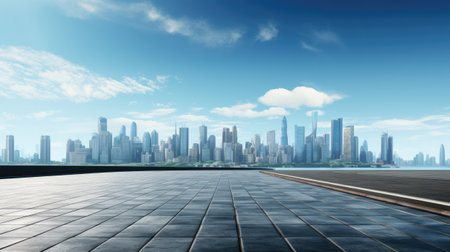 empty brick floor with modern city skyline and skyscrapers in blue cloud skyの素材