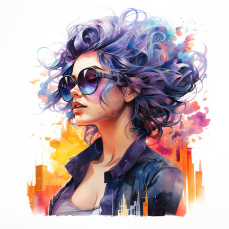 Portrait of a beautiful girl with blue hair and sunglasses.の素材