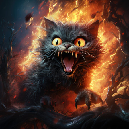 Frightening cat in a burning forest. Halloween concept.の素材