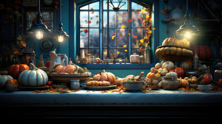 Autumn still life with pumpkins and lanterns in retro styleの素材