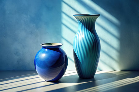 Two blue vases on the floor in sunlight.の素材