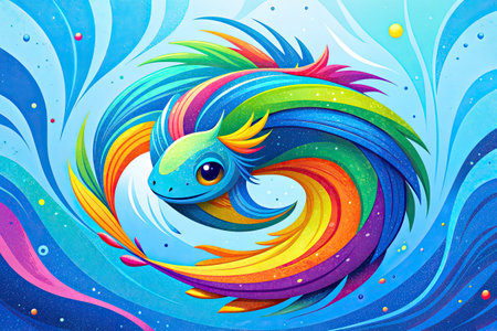 a blue fish swimming in the sea with colorful wavesの素材