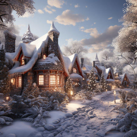 Winter landscape with wooden houses in the village. Christmas and New Year background.の素材