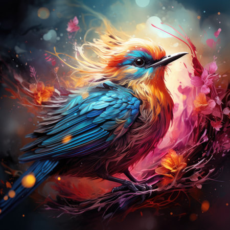 Beautiful colorful bird on a background of flowers.の素材