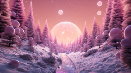 Fantasy winter landscape with snowy forest and moon.の素材