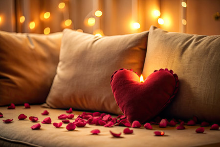 Red heart shaped pillow on sofa with light bokeh background.の素材