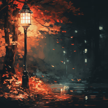 Autumn landscape with a street lamp and fallen leaves in the fogの素材