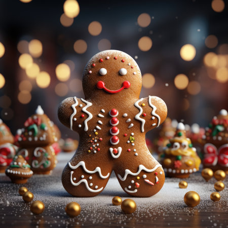 Christmas gingerbread man with snow and bokeh on dark backgroundの素材