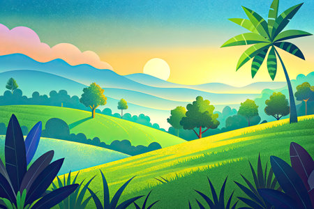 Beautiful rural landscape with hills and trees at sunset.の素材