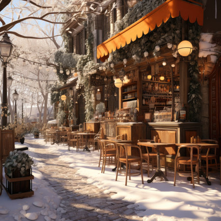 Street cafe in winter with snow on the ground,の素材
